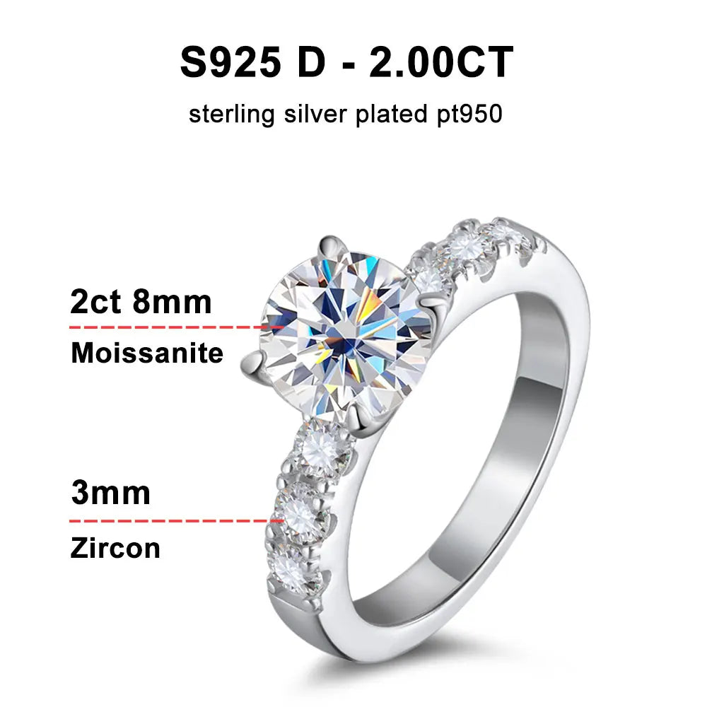 D VVS1 2ct Moissanite Rings Engagement Wedding Brilliant Lab Diamond Band with GRA s925 Sterling Silver Ring